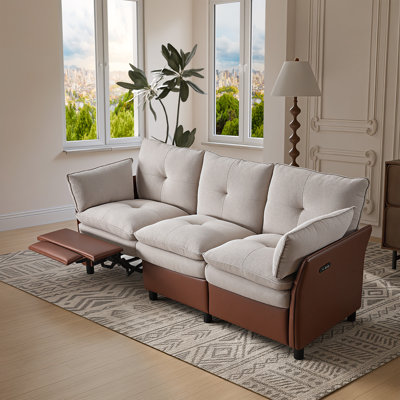 Canapé inclinable électrique à deux couches en chenille et en polyuréthane de 77 po de largeur avec 77 ports USB et Type-C, beige