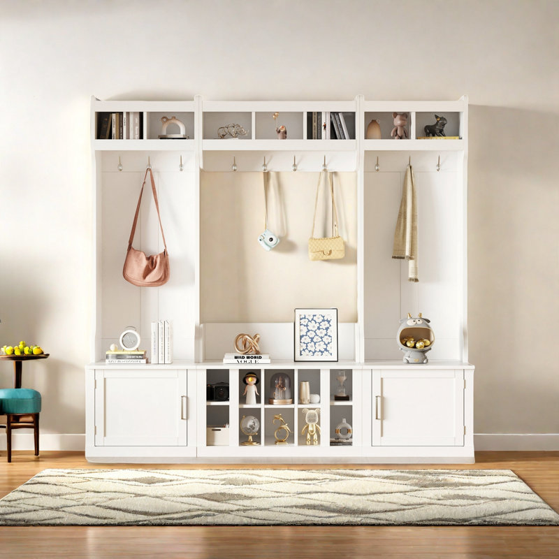 4-in-1 Multi-functional Hall Tree With Coat Rack, Bench, Shoe Cubbies And Open Compartments, White
