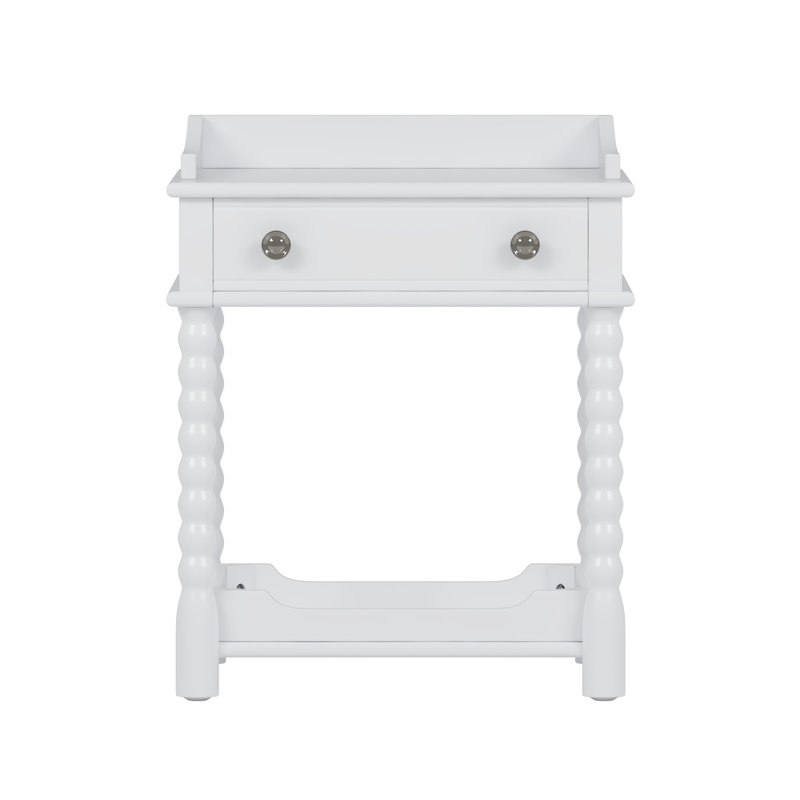 Retro Style Nightstand With Drawer And Open Shelf For Bedroom, Bedside Table With Turned Legs And Metal Handle,White