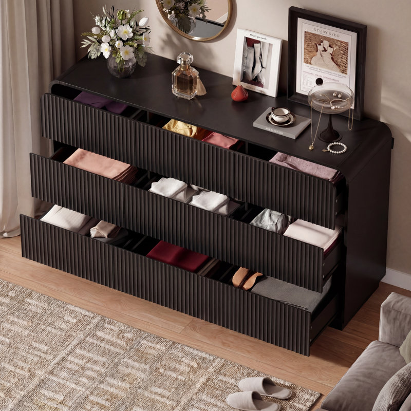 Fluted 9-Drawer Dresser for Bedroom,59"Wide Dressers & Chest of Drawers With  Concealed Handles, Black