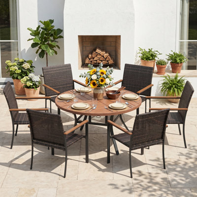 6-Person Round Patio Dining Set With PE Wicker Chairs