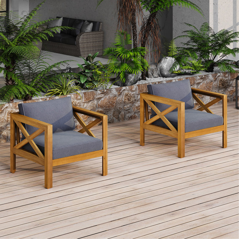 Outdoor Acacia Wood Club Wooden Armchair With Cushions (Set Of 4), Conversation Set,Suitable For Outdoor Gatherings,Teak Finish,Dark Grey Cushion