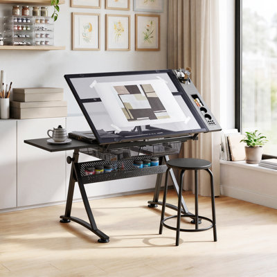 Adjustable Height Tempered Glass Steel Drafting Table