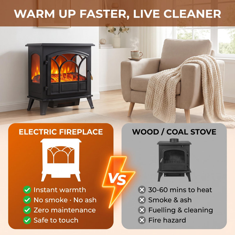 3-Sided Glass View Electric Fireplace Heater - 950W/1850W Dual Heat, Adjustable Flame & Thermostat - Iron & Glass Build, Energy Efficient with UK Plug