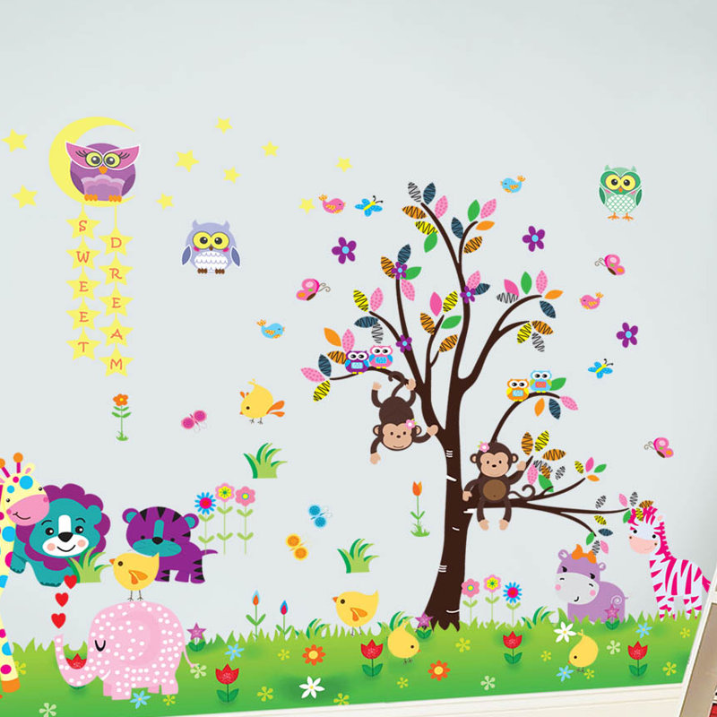 Adhésif décoratif animaux heureux avec chouette étoile et petit poussin