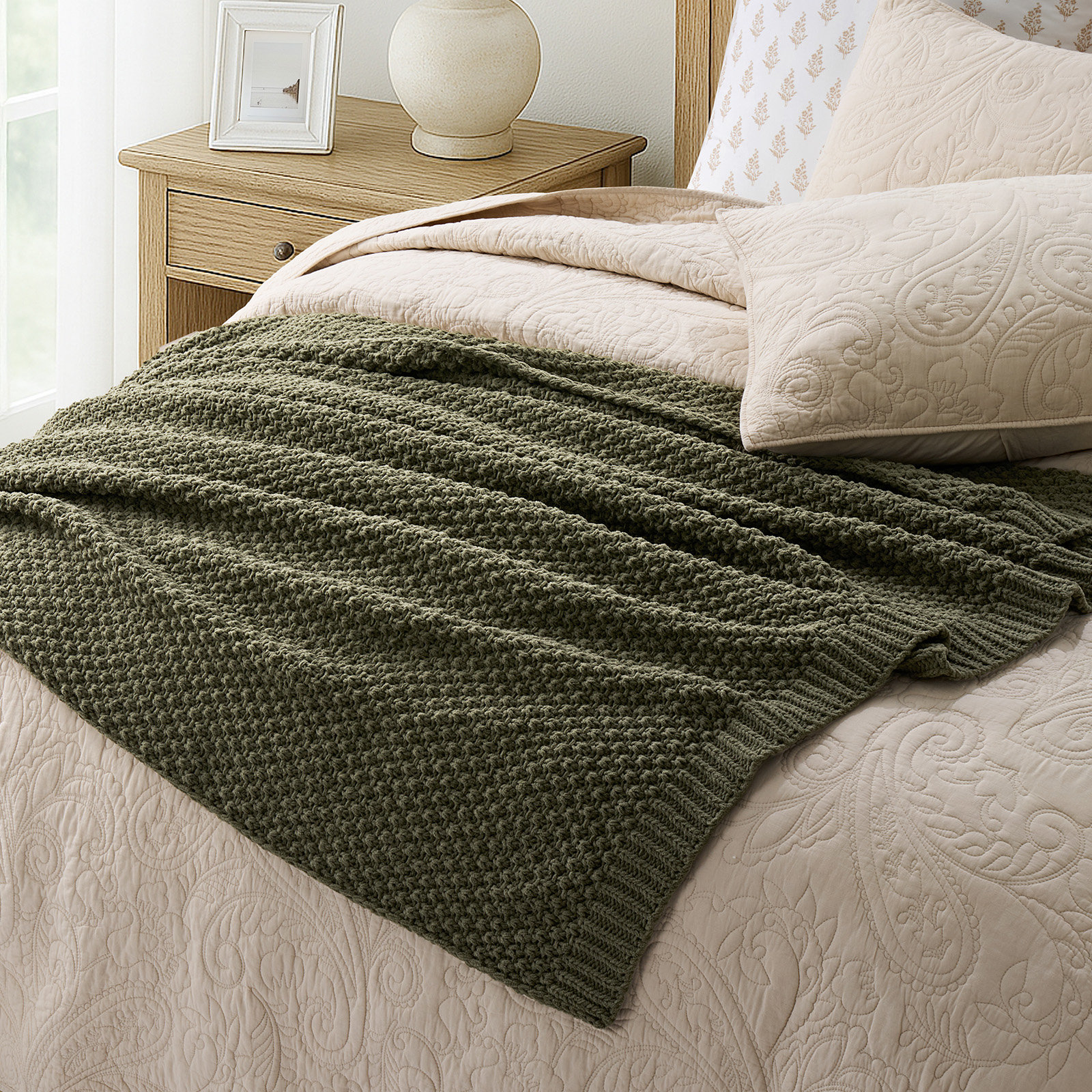 Chunky Chenille Knit Throw Blanket, Olive Green, 80" L x 60" W