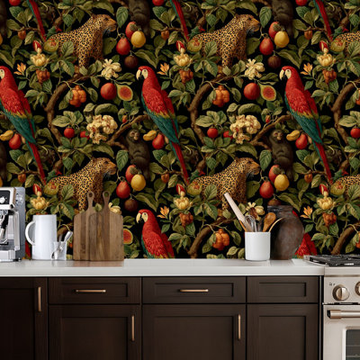 Peel and Stick Wallpaper Tropical Jungle Leopards Monkeys Parrots Exotic Fruits Dark Contact Paper Removable Self Adhesive Wall Mural Wall Decor for Bedroom Kitchen Cabinets 17.7in x 118in
