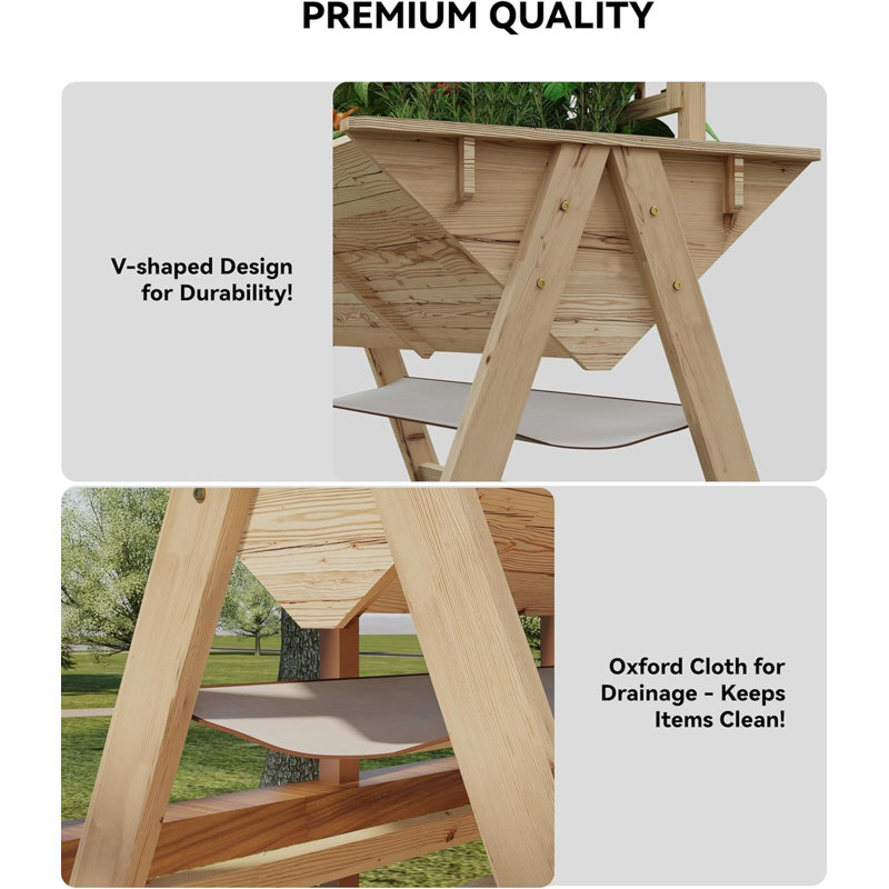 Boîte à fleurs surélevée en bois avec pieds, roues verrouillables, trous de drainage - lit de jardin surélevé mobile avec treillis et tablette de rangement, doublure - bois