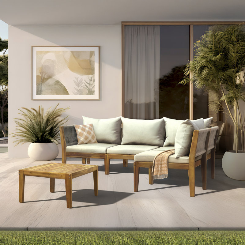 4-Piece Acacia Wood Deep Seating With Rope Designs Outdoor Patio Conversation Set with White Cushions
