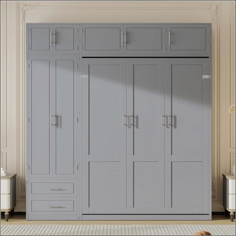 Lit escamotable mural avec armoire supérieure, tablettes et garde-robe, lit pliable peu encombrant, Gris
