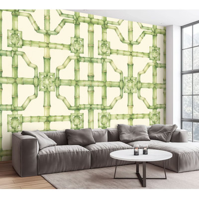 Wall Mural Peel and Stick Wallpaper Geometric Bamboo Green Beige Self-Adhesive Removable Contact Paper Wall Decor for Living Room Bedroom 100"H x 144"W
