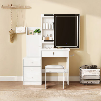 Ensemble de coiffeuse avec miroir lumineux coulissant, coiffeuse à maquillage avec 4 tiroirs et 9 espaces de rangement, compartiments cachés et tabouret rembourré, mobilier de beauté blanc pour la chambre à coucher
