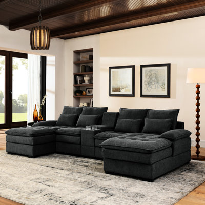 Canapé-lit de 130 po en forme de U pour 6 personnes avec rembourrage double couche, console, porte-gobelets, tissu en lin gris pour profondeur d'appartement, revêtement