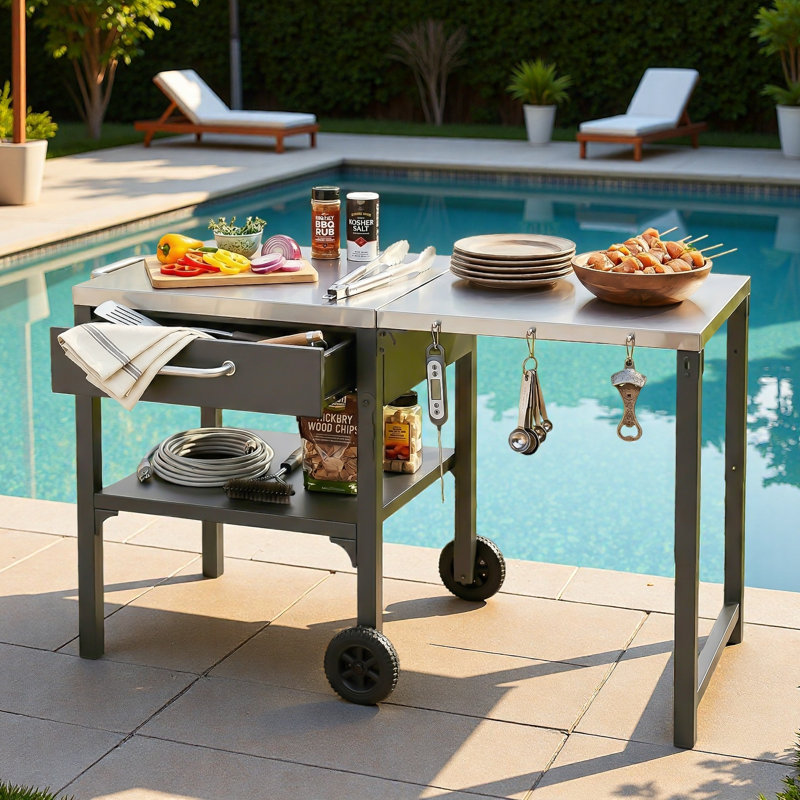 Chariot pour îlot de cuisine pour l'extérieur avec table d'appoint pliable, plan de travail en acier inoxydable, espace de rangement ouvert et crochets en métal