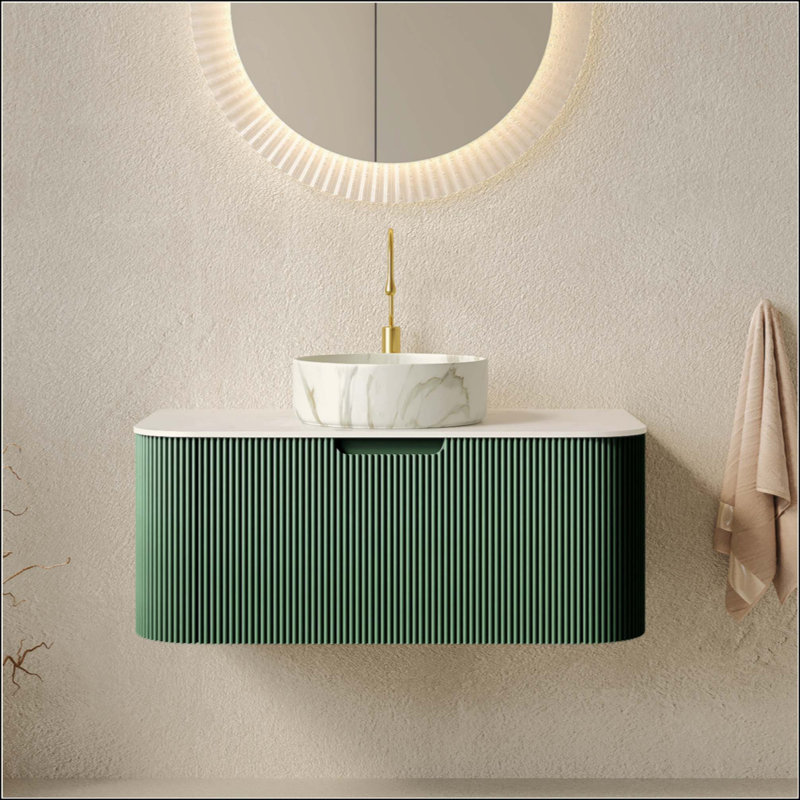 Meuble-lavabo de salle de bain, armoire de salle de bain en contreplaqué rayé à bords arrondis avec tiroir, vasque en céramique mate et plateau en pierre frittée, pré-assemblé