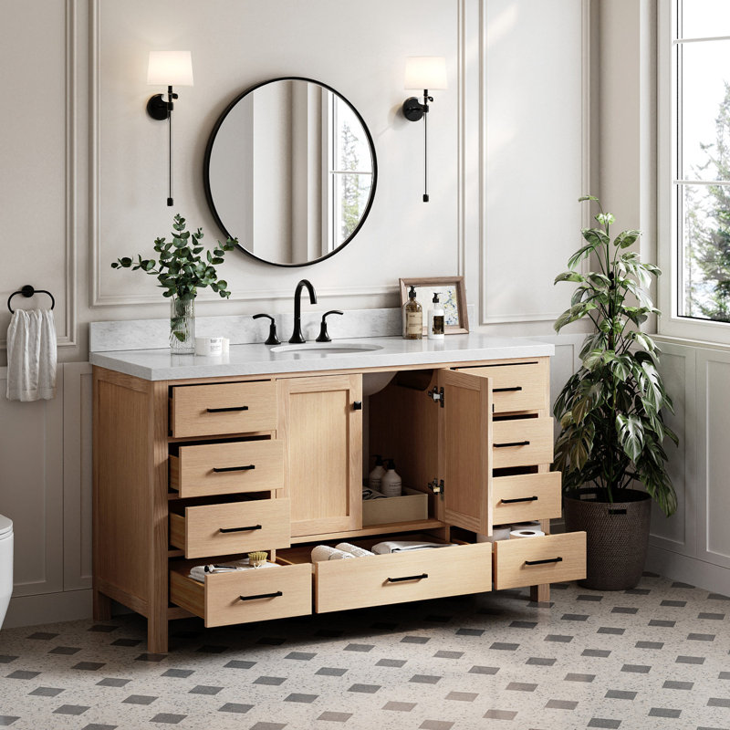 Cambridge 61'' Single Bathroom Vanity with Carrara Marble Top, Oak