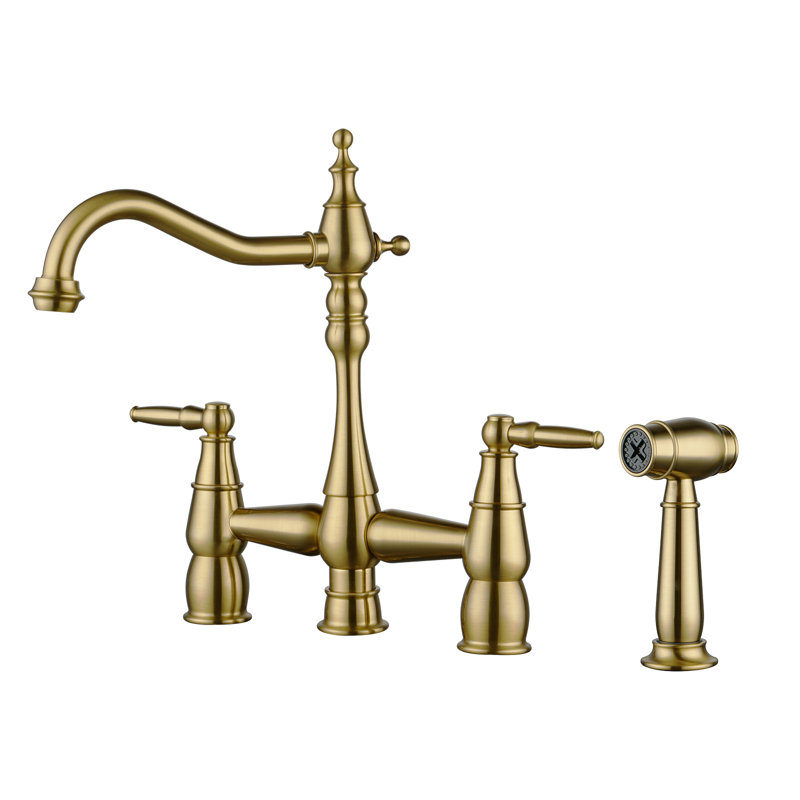 Double Handle Bridge Centerset Faucet with Side Sprayer for Kitchen Sinks, Brushed Gold