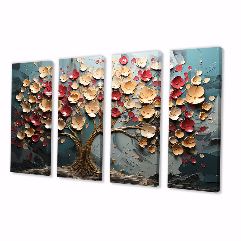 Arbre de fleurs rouge et or au clair de lune beauté II - ensemble de 4 décorations murales arbre, H 28 po x l 48 po