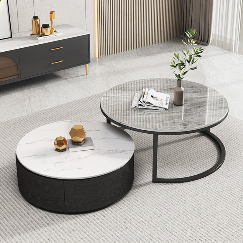 Round rock slab coffee table combination, White/Gray
