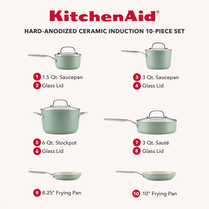 KitchenAid Hard-Anodized Ceramic Induction Cookware Set, 10 Piece, Cardamom
