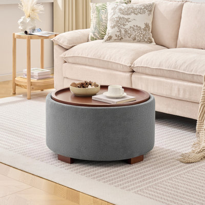 29" Round Storage Ottoman With Tray, Upholstered Coffee Table For Living Room Bedroom
