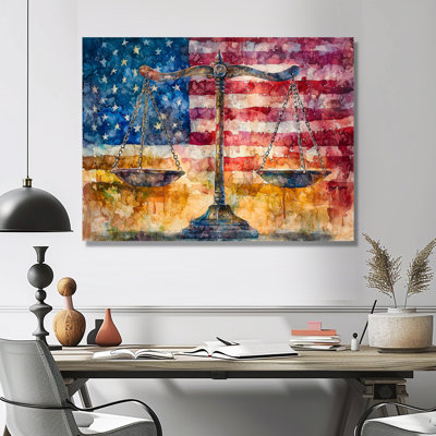 Balance symbolique de la justice avec le drapeau des États-Unis II - art mural patriotiste américain pour le salon