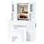 Meuble-lavabo de 41,4 po avec miroir et lumières, table de maquillage avec 5 tiroirs et 4 armoires, coiffeuse avec station de charge et tabouret de rangement rembourré pour la chambre à coucher, blanc