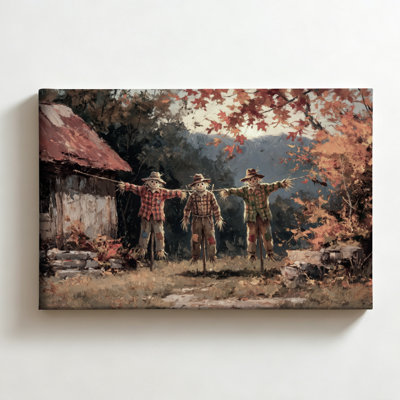 Three Scarecrows in a Field, Impressionist Oil Painting Halloween Canvas Wall Art Print on Canvas, Vintage Fall Wall Decor for Living Room Bedroom, 16" x 24"