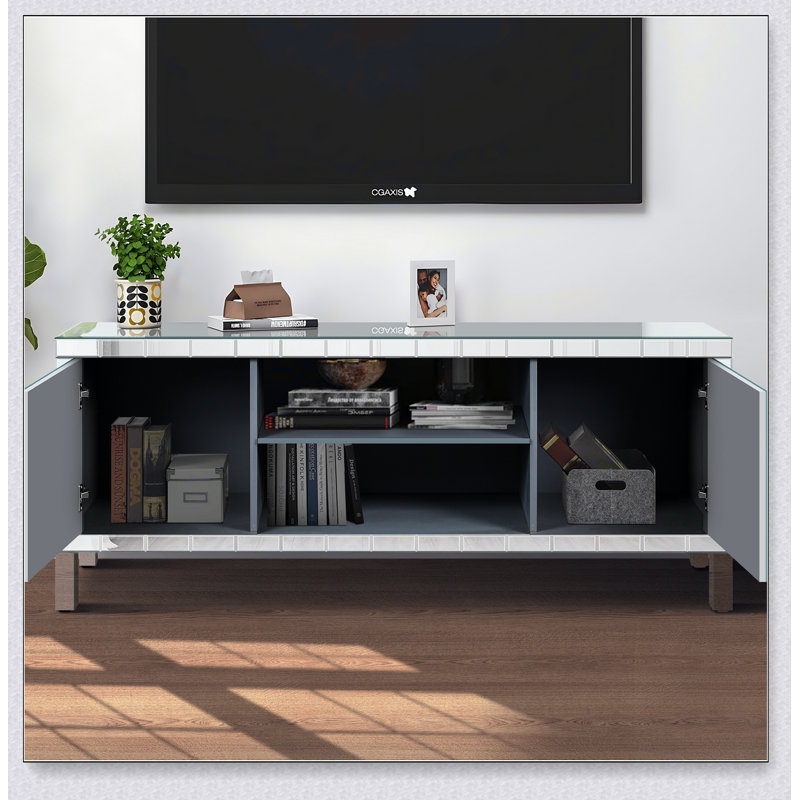 Mirrored TV Stand Mirror Doors with Open Storage