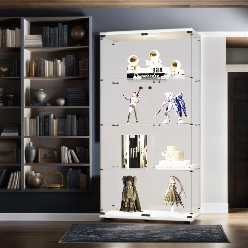Lighted Two Door Glass Cabinet Glass Display Cabinet With 4 Shelves, White
