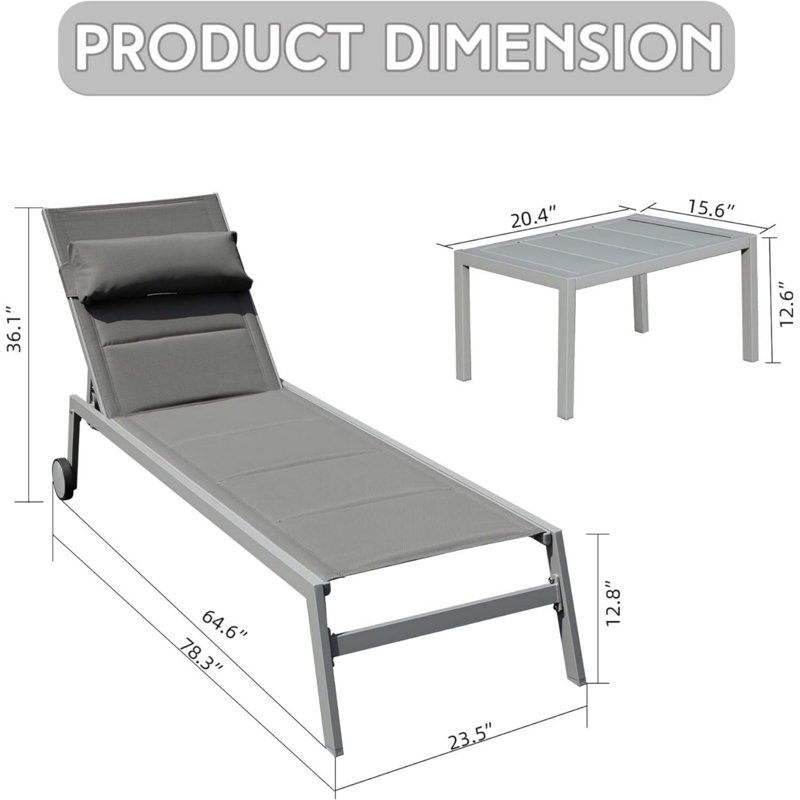 Outdoor Adjustable Backrest Leisure Recliner (Set of 2 Chairs with Table), Grey