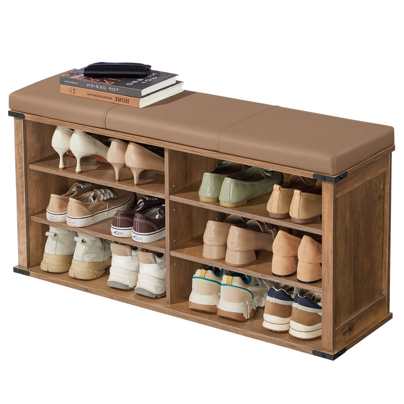 Banc de rangement pour 12 paires de chaussures avec coussin, Brun