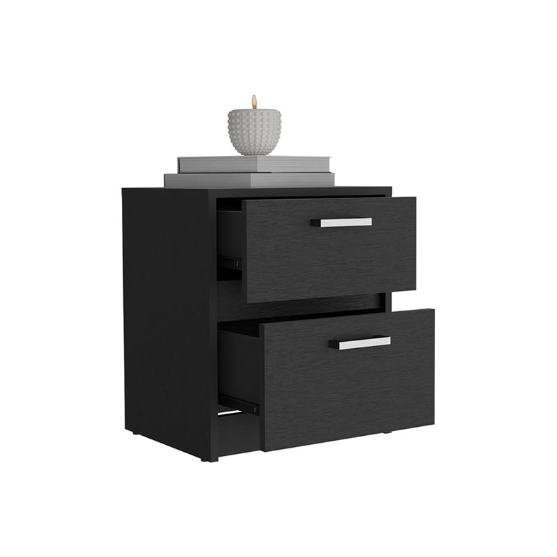 Table de chevet à carreaux, deux tiroirs, finition wengé noir, Noir