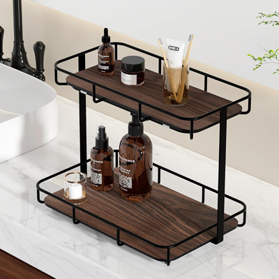 Organisateur de salle de bain - Comptoir de maquillage et de parfum à 2 niveaux avec cadre en acier inoxydable et plateaux à motif de marbre pour meuble-lavabo, commode ou cuisine
