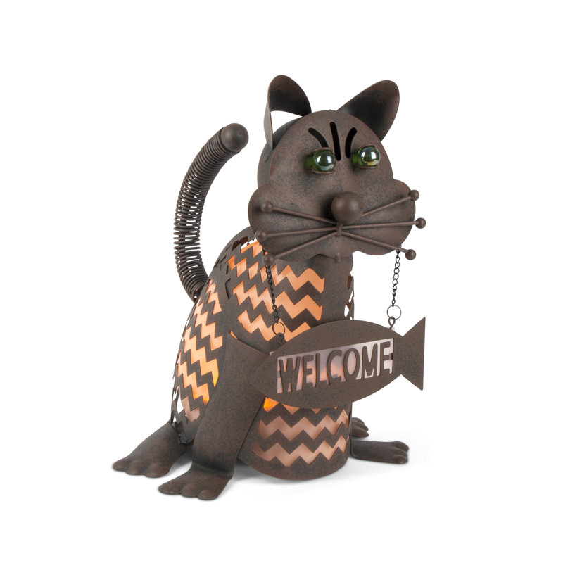 12.8 in H Orange Solar Lighted Metal Welcome Cat, Orange