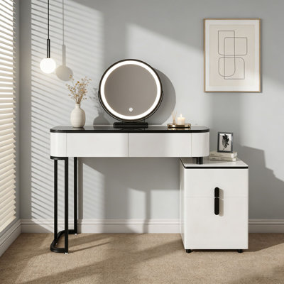 Modern Vanity Table with Tempered Glass Top, Adjustable Height Legs, Multi-functional Storage Cabinet and Round Mirror