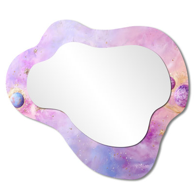 Grand miroir décoratif géométrique en forme de nuage - horizon des planètes galaxie mauve minimal, impression sur métal