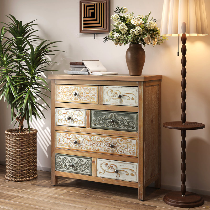 Commode d'appoint vintage en bois avec 6 tiroirs, commode de rangement sculptée