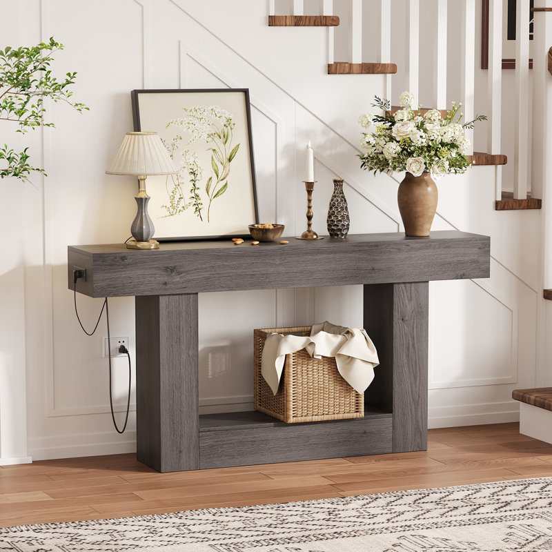 Modern Farmhouse Console Table with Built-in Power Outlet, Wood Sofa Table with Open Storage Compartment, Narrow Entryway Table for Living Room, Hallway