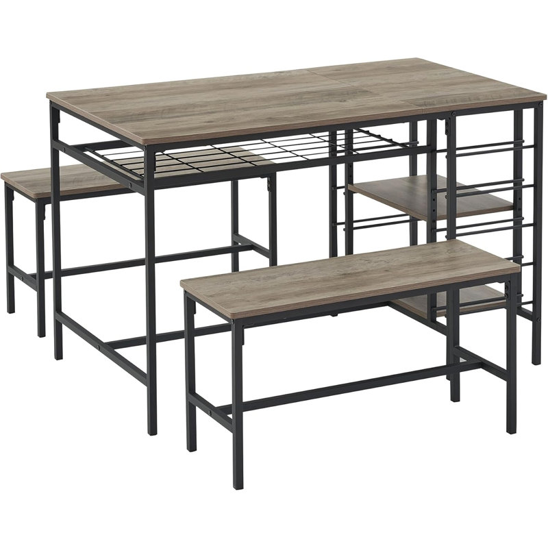 3-Piece Rectangular Dining Table Set with Wine Rack, Includes 2 Benches for 4, Ideal for Small Spaces, Apartments, and Dinettes