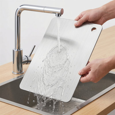 Planche à découper en titane à double face, mise à niveau en acier inoxydable, anti-rayures, antiadhésive, légère, avec trou de suspension pour la cuisine et le camping