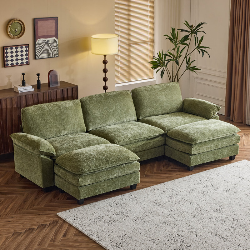 Shugar Solid and Manufactured Wood U-Shaped Sectional, Green Chenille