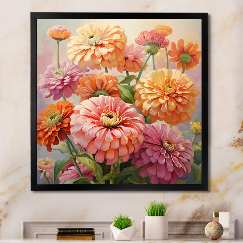 «Light Light Zinnias Romantic Impression I», reproduction sur toile, H 16 po x l 16 po x P 1 po, Cadre simple noir