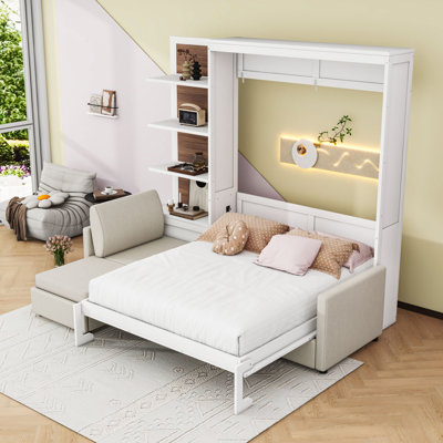 Grand lit escamotable avec canapé et tablettes