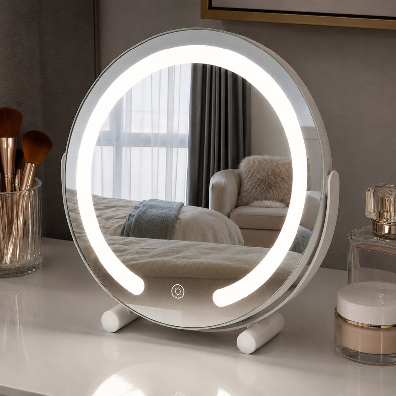 Miroir de maquillage rond à DEL, commande tactile, 3 modes de couleur, rotation à 360 °