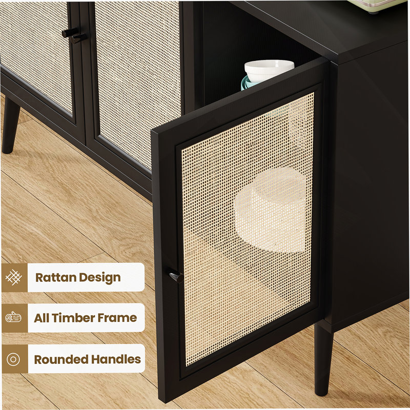 Sideboard Buffet Cabinet With 3 Rattan Doors, Kitchen Storage Console Cabinet For Indoor, Black