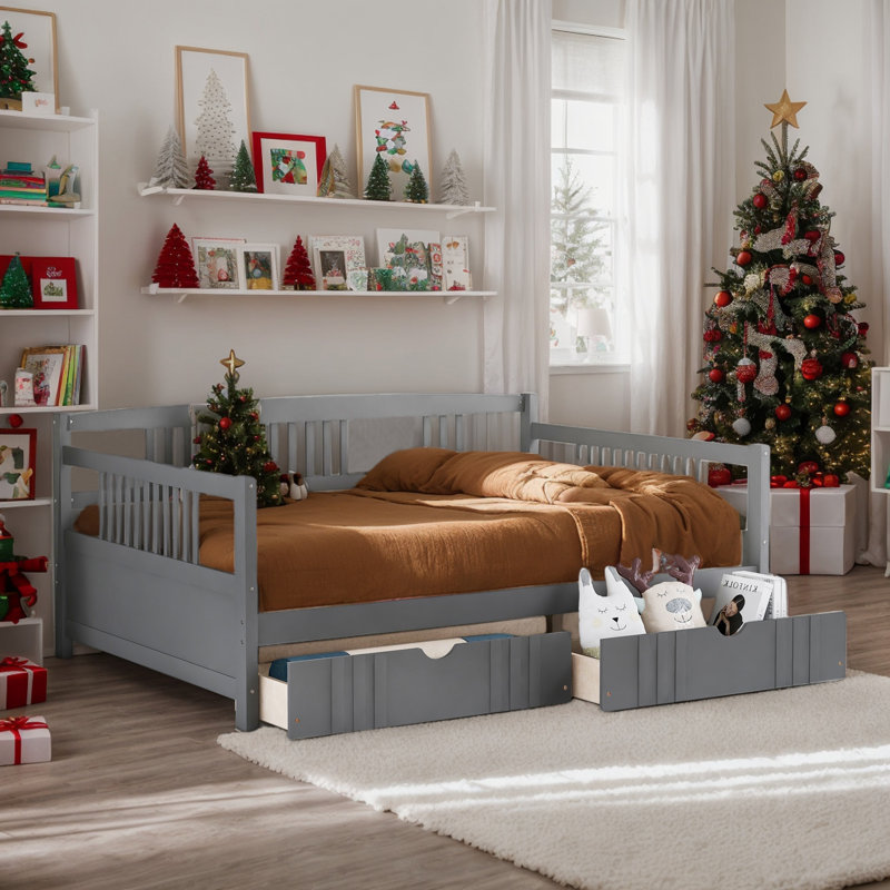 Full Daybed with Storage Drawers, Day Bed Sofa Bed with Wooden Slats Suppor for Bedroom, Gray