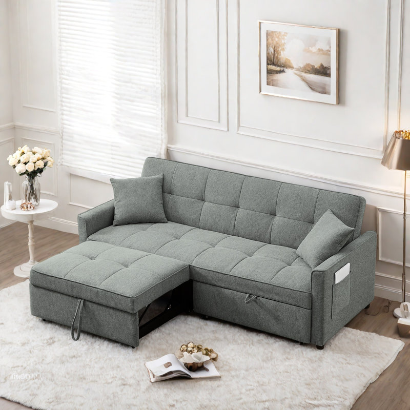 3 In 1 Convertible Sleeper Sofa Bed With Reclining Backrest, Pillows And Side Pockets, Gray