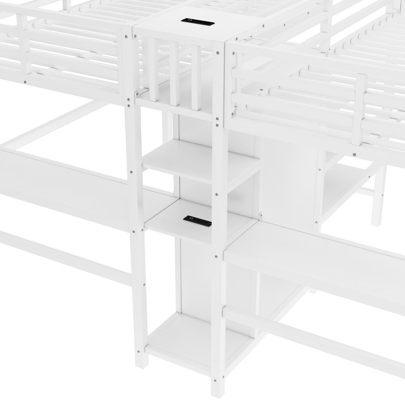 Twin & Twin Metal Loft Bed with Double Desk, Wardrobe, Shelves and Built-In Electrical Outlet, White