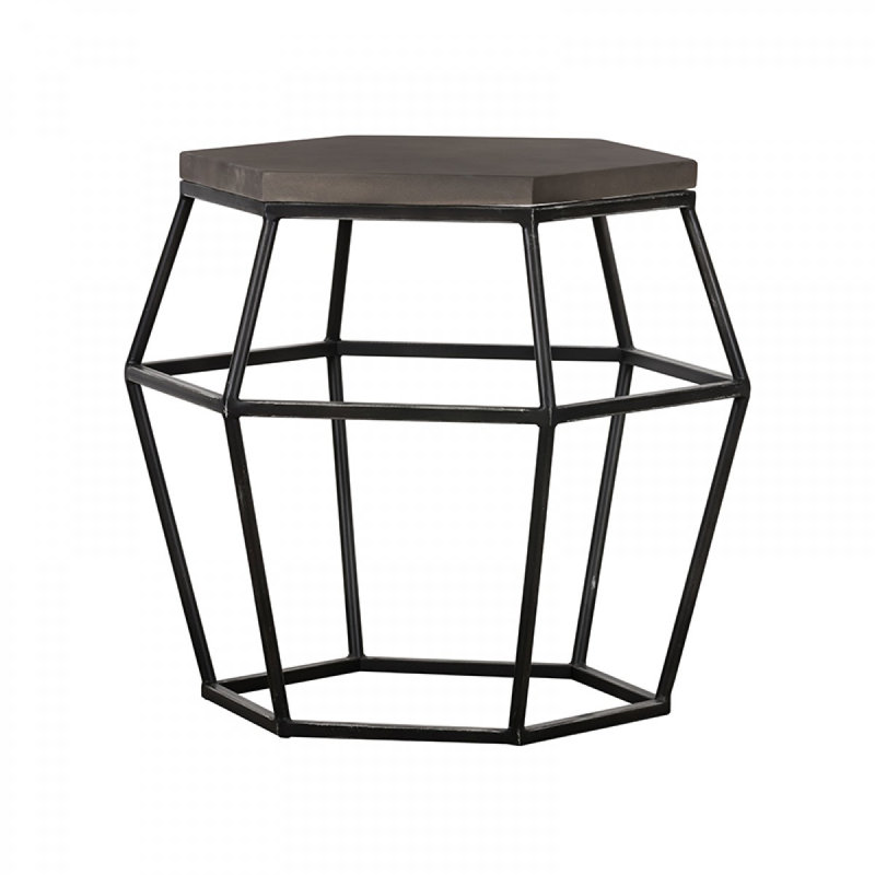 Table de bout hexagonale moderne en béton gris et métal noir